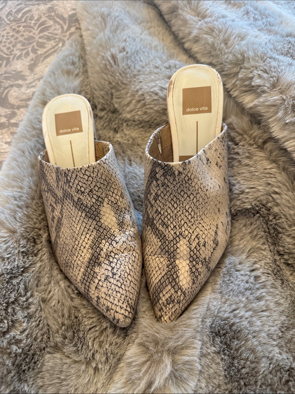 Dolce Vita Taupe Snake-Print Pointed Mules